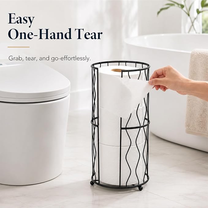 Modern Metal Freestanding Toilet Paper Roll Holder Stand and Dispenser with Storage for 3 Rolls of Reserve Toilet Tissue - for Bathroom Storage Organizing - Holds Mega Rolls (Matte Black)