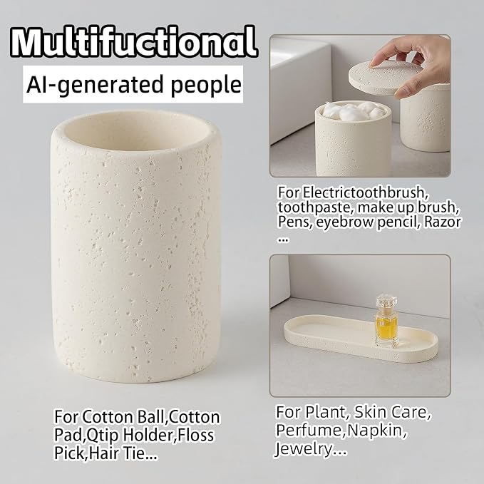 Bathroom Accessories Set,4 PCS Travertine Stone Look Collection,Cream | Modern Bath Organizer with 13.53OZ Soap Dispenser,Toothbrush Holder,Tumbler,Vanity Tray,2PCS Cotton Swab Jars for Countertop