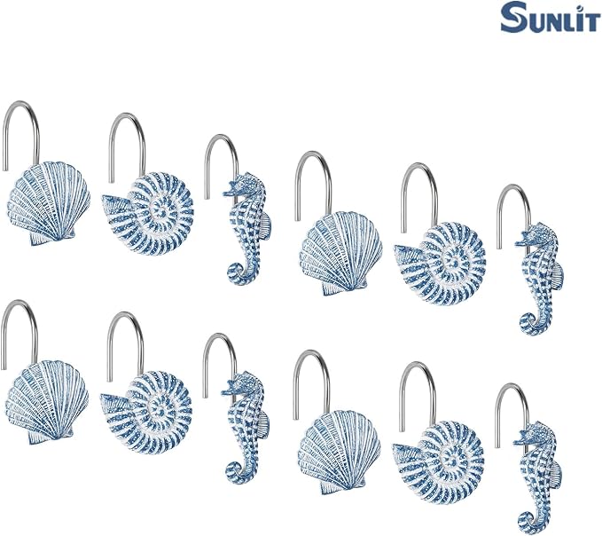 Sunlit Seashells Decorative Shower Curtain Hooks, Sky Blue Ocean Creatures Coastal Shower Curtain Rings, Resin, Nautical Bathroom Decoration Beach Shower Curtain Hooks-12 Pack