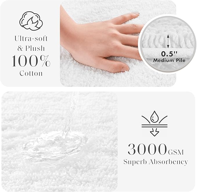 Madison Park Splendor Reversible 100% Cotton Bath Runner, 24 x 60, White | Tufted Bathroom Rug, 3000 GSM, Hotel Quality, Luxurious Plush, Medium Pile, Absorbent, Quick Dry, OEKO-TEX, Shower Room Décor