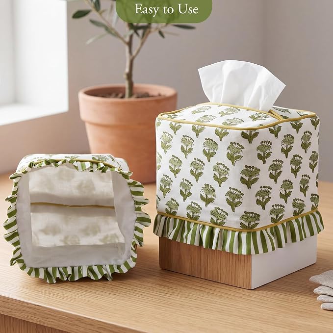 Emerald Green Floral Ruffle Tissue Box Cover Block Printed Cotton Fabric Napkin Holder Square Boho Decorative Box Cover for Bedroom Living Room Bathroom Vanity Countertop Car Office Kitchen