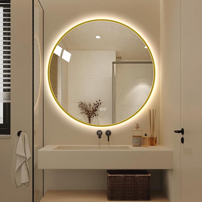 LAIYA 36 Inch Gold Round LED Bathroom Mirror, Anti Fog, Dimmable, 3 Colors | backlit lighted vanity wall mounted makeup mirror defogger touch switch brass frame IP65 CRI95 copper free silver glass hotel