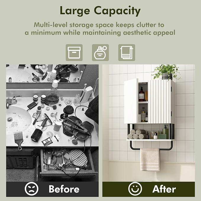 RUSTOWN Fluted Bathroom Wall Cabinet with 2 Doors, 3-Tier Medicine Cabinet | Modern Farmhouse Wall Mounted Cabinets, Over The Toilet Storage Cabinet, Adjustable Shelf and Towel Bar, Small