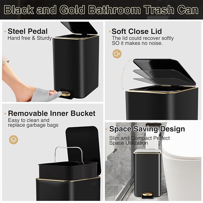 Bathroom Sets with Shower Curtain and Rugs Bathroom Accessories Set Black Bathroom Set,Soap Dispenser & Toilet Brush Holder Set with Stainless Steel Trash Can(23 PCS)