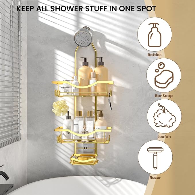 REINHARDT Adjustable Shower Caddy Hanging Rustproof Shower Organizer, Gold | Shower Caddy Over Showerhead, Extra Long, No Drilling, Anti-Slip, Fast Draining, Soap Holder, 12 Hooks, Bathroom Accessories