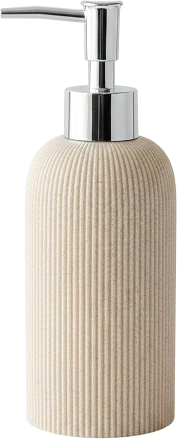 Sand Beige Hand Soap Dispenser with Silver Pump, 7oz | Luxury Farmhouse Boho Zen Style, Sandstone Finish, Lotion & Dish Soap Dispenser for Bathroom and Kitchen