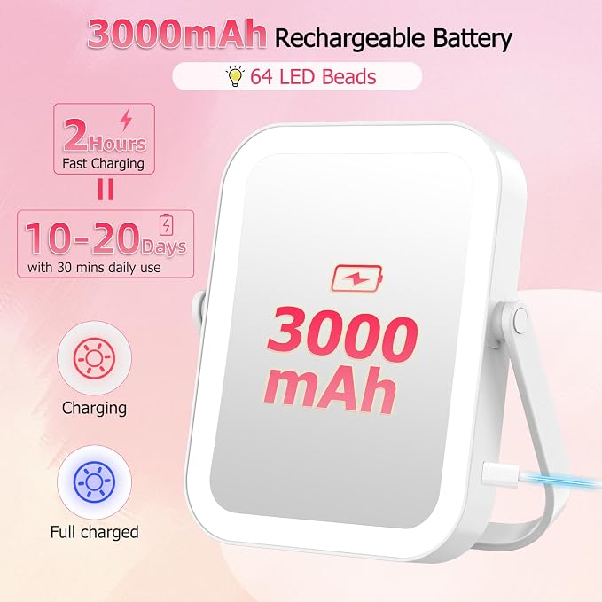 3000mAh Rechargeable Travel Magnifying Mirror with Light, White with Big | 2-Sided 30X Magnifying travel makeup mirror with 3-Color Lighting, Dimmable Touch Screen,Compact Vanity Mirror for Women Gift