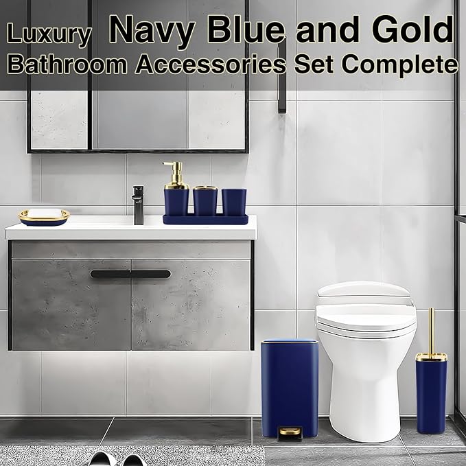 XLHOMO Navy Blue Bathroom Accessories Set 8 Piece Navy Blue and Gold Bathroom Set, Bathroom Sets with Stainless Steel Trash Can,Toilet Brush,Toothbrush Set,Soap Dispenser