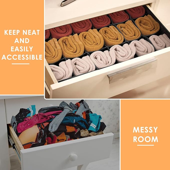 3 Pack Sock Underwear Organizer Dividers, 64 Cell Fabric Foldable Cabinet Closet Organizers and Storage Boxes for Storing Socks, Underwear, Ties (16+24+24 Cell, Black)