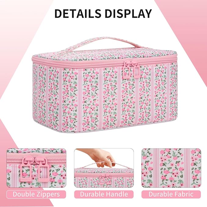 Makeup Bag for Women - Travel Cosmetic Organizer with Brush Slot & Divider, Large Capacity Toiletry Bag for Girls, Travel Makeup Case for everyday Make up Accessories -Pink Floral