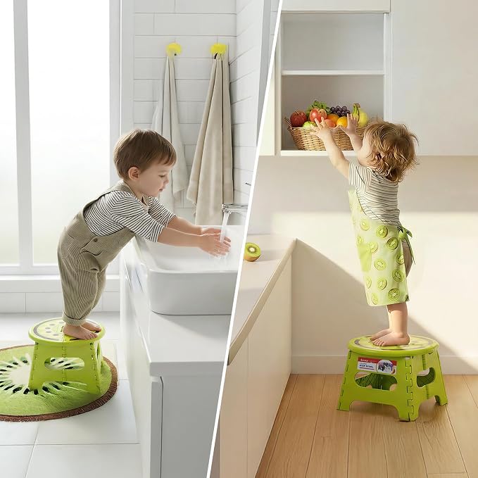9 Inch Cute Folding Step Stool for Kids, with Handle, Kiwi Green | Foldable Step Stool, Heavy Duty, Lightweight, Non-Slip, for Toddler/Adults, for Kitchen Bathroom Outdoor, Sturdy Collapsible