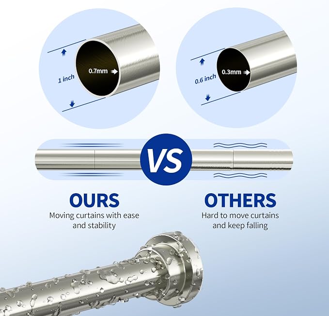 Mcrbeay Shower Curtain Rod, 1" Diameter Heavy Duty Tension Shower Rod, Non Slip Adjustable 28-102 inch No Drill Shower Curtain Rods Spring Tension For Bathroom, Shower Stall, No Rust, Brushed Nickel