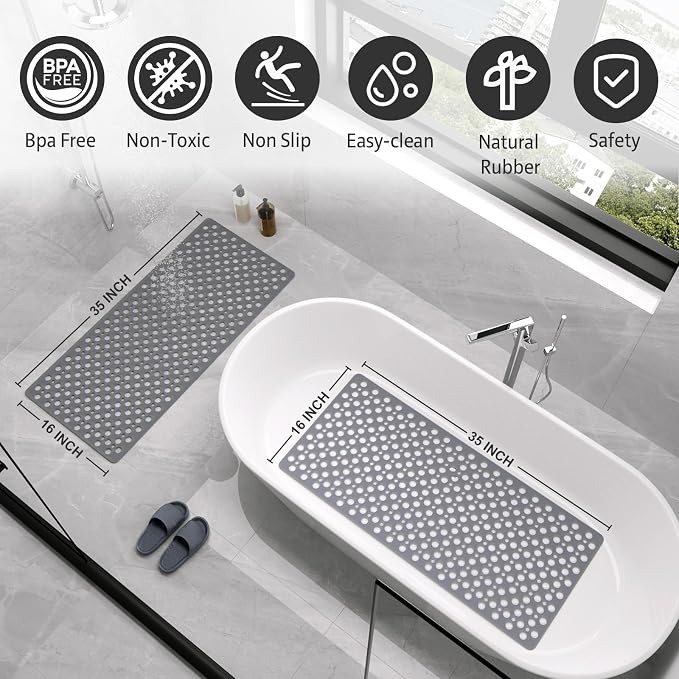 Shower Mat Non Slip Bath Mat for Tub - 35" x 16" Soft TPE Bathtub Mat Non Slip Shower Mats for Inside Shower, Anti Slip Shower Mat with Suction Cups, Quick-Drying Bath Tub Mat, Grey