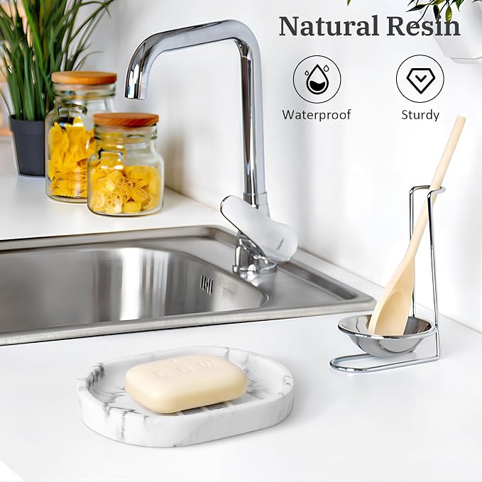 Luxspire Oval Soap Dish, Raised Bar Holder with Drainage, Gravel White | Resin soap container with elevated design for drainage, Compact size for bathroom sink and kitchen counter organization