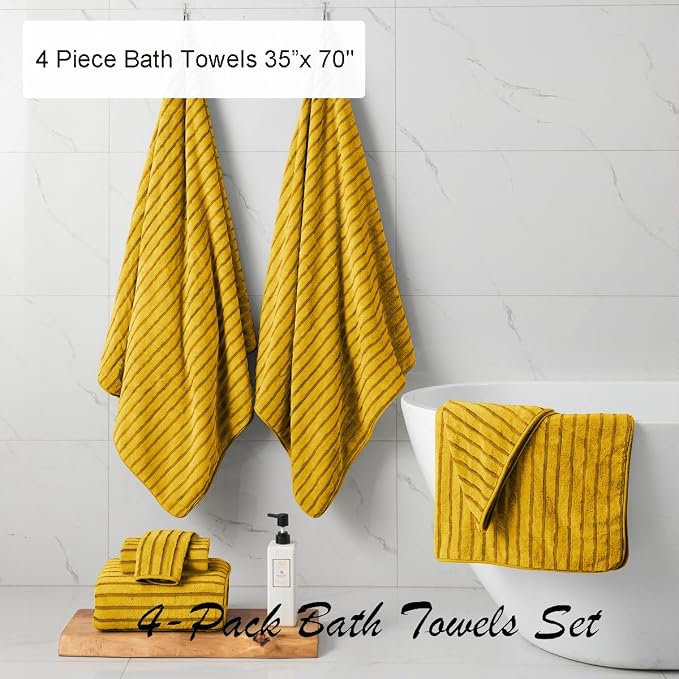 4 Pcs Ywllow Cabana Stripe Large Bath Sheets Soft Polyester Bathroom Towels | Fluffy oversized towel with hang loops absorbent quilck dry easy replacement family dorm sets for home beach pool gym yoga