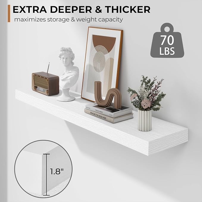 Fun Memories 36 Inch Floating Shelves - Deep Rustic White Wooden Wall Shelves - Extra Deeper & Thicker Wall Mounted Storage Shelf for Bedroom, Kitchen, Farmhouse - 2 Pack, Rustic White
