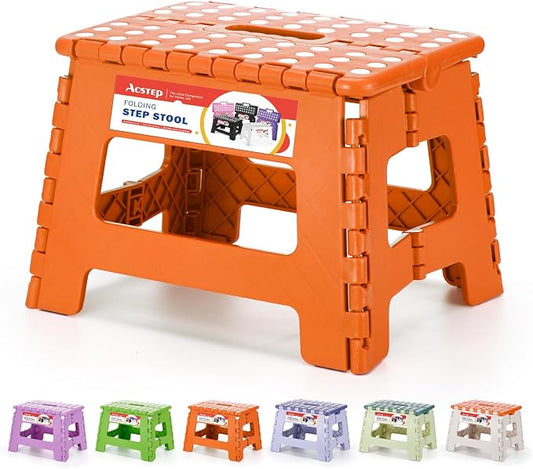 Folding Step Stool 9 Inch for Kids and Adults, 300 lbs, Orange | Lightweight Plastic Small Foldable Step Stool with Handle, Non-Slip, for Kitchen, Bathroom, Bedroom and Closet