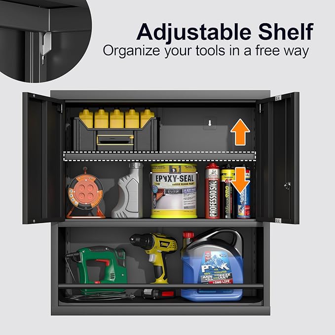 GREATMEET Locking Metal Garage Wall Cabinet with Doors and Shelf | 31" H Wall Mount Storage Cabinet, Steel Floating Hanging Utility Tool Cabinet for Garage System, Shop, Warehouse, Black