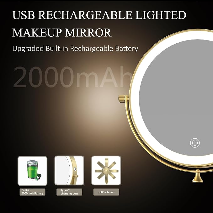 9" Wall Mounted Lighted Makeup Mirror,Oval Base, 10X, Gold | Rechargeable Lighted Makeup Vanity Mirror,Double Sided Dimmable,Magnifying,3 Color Lighting,360 Rotation Shaving,Women Gift