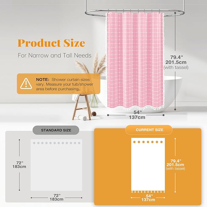 54x78 Boho Farmhouse Linen Heavy Duty Fabric Shower Curtain Set, Pink | Narrow Long Size, 330GSM Linen Blend, 3-side Tassels, Waterproof Cloth, 10 Plastic Hooks, Rustic Bohemian, Machine Washable