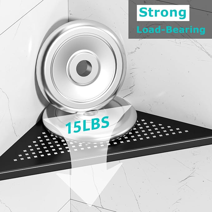 Qeke Bathroom Corner Shelf, Recessed 12" Shower Shelf Caddy, SUS304 Stainless Steel Shelf Wall Mount Triangular, No Drilling, Matte Black | 304 Stainless Steel Grout in Bathroom Corner Shelves, Bathroom Shelf for Tiled Wall, Rustproof, No Drilling Requ...