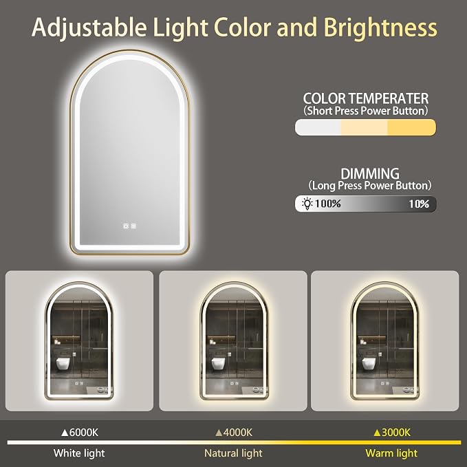 Arched Bathroom Mirror 24"x36", Gold, LED Tempered Glass | arch led bathroom mirror gold wall mounted vanity lighted tempered glass dimmable anti fog metal frame