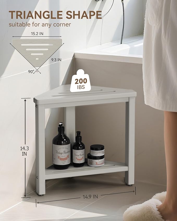 Shower Foot Rest 15in, HDPE Waterproof Shower Stool for Inside Shower, Corner Shower Stool for Shaving Legs with Storage Shelf for Small Space, Shower Step Stool, Plastic Corner Shower Bench, Beige