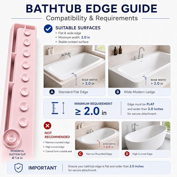 Bathtub Splash Guard for Tub Kids, Silicone Bath Toy Holder & Tub Side Tray with Suction Cups, Bath Tub Shelf for Kids, Bathtub Toy Storage, Pink