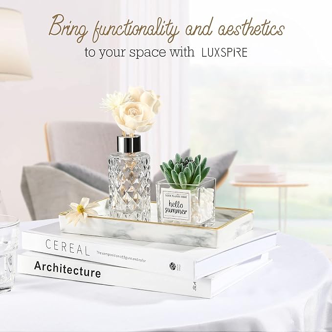 Luxspire Bathroom Vanity Tray Ceramic Jewelry Dish, S, Marble White | 8.7 x 4.7 inch Smooth matte ceramic, easy clean, anti-slip bottom, organize soap dispenser jewelry candles