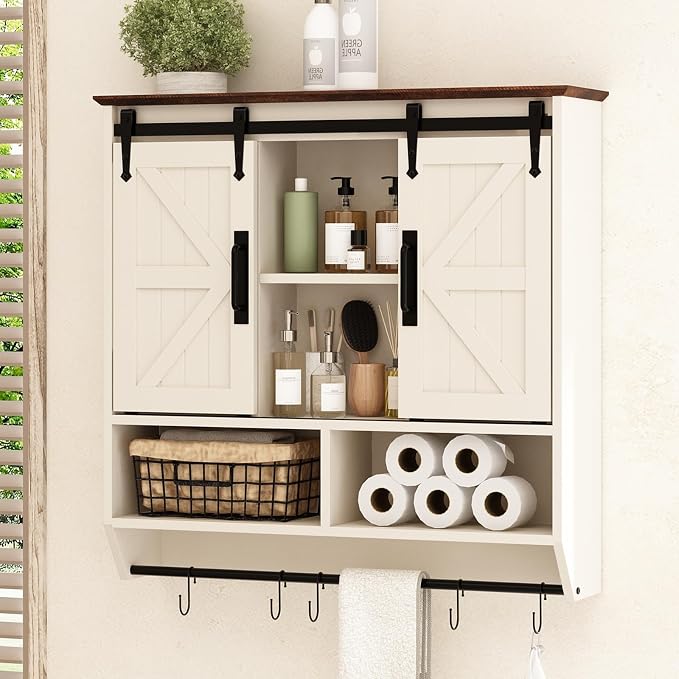 RUSTOWN Farmhouse Bathroom Wall Storage Cabinet with Sliding Barn Doors | 3-Tier, Rustic Wood Wall Mounted Cabinets, Vintage Medicine Cabinet, Adjustable Shelves, Over The Toilet Storage Cabinet