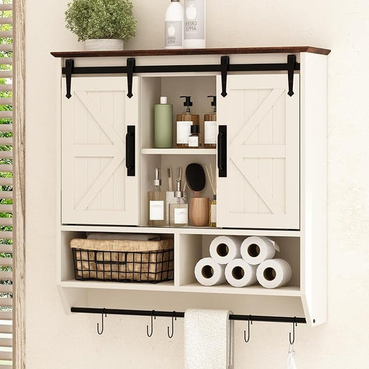 RUSTOWN Farmhouse Bathroom Wall Storage Cabinet with Sliding Barn Doors | 3-Tier, Rustic Wood Wall Mounted Cabinets, Vintage Medicine Cabinet, Adjustable Shelves, Over The Toilet Storage Cabinet