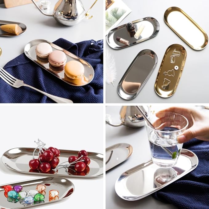 Stainless Steel Decorative Tray, Set of 2, 9 Inch Long, Jewelry Dish Cosmetics Organizer Bathroom Clutter Serving Platter Small Storage Tray, Oval, Silver