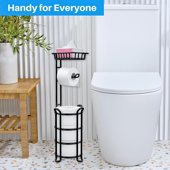 Toilet Paper Holder Stand with Shelf, Free Standing Tissue Roll Storage Rack with Dispenser for Bathroom, Black
