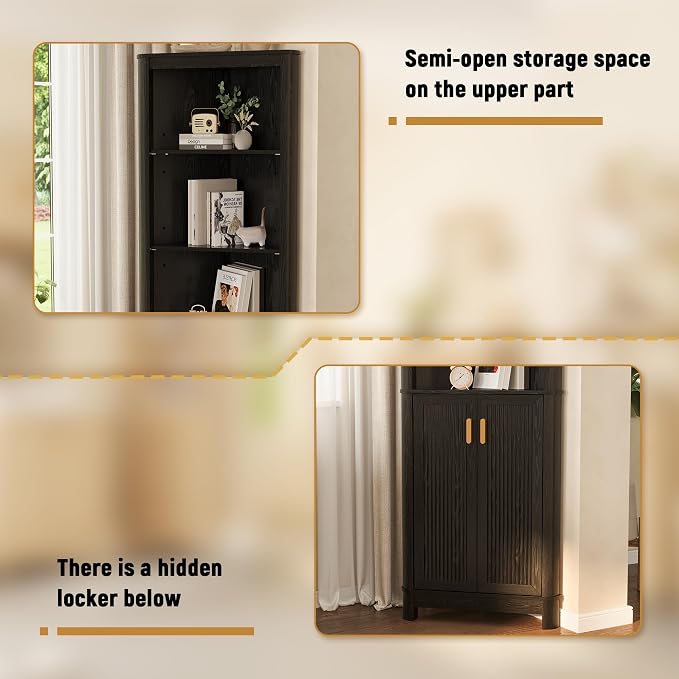 69" Tall Corner Shelf with Doors, 6-Tier Corner Storage Cabinet with Doors, Space Saver Shelf for Bathroom, Bathroom Floor Cabinet for Living Room Kitchen, Hallway