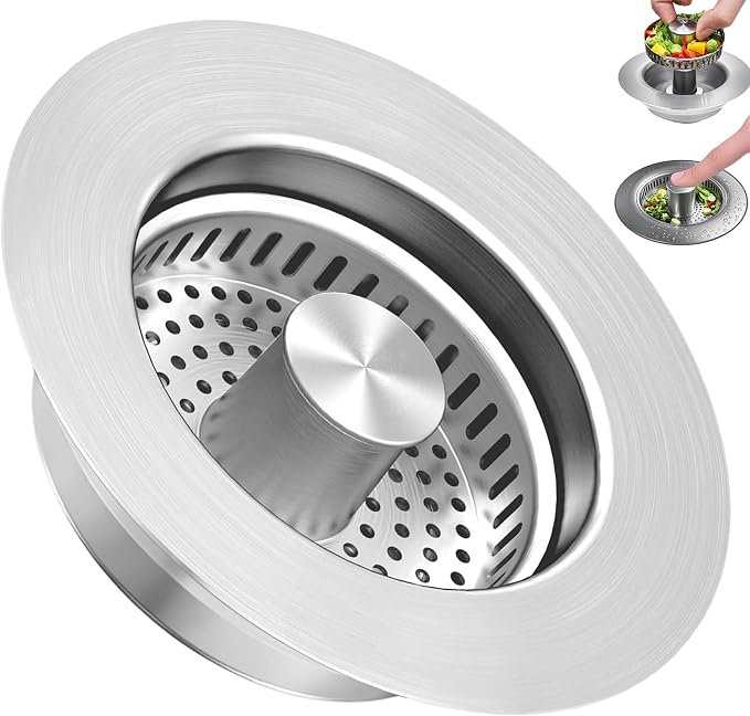 3-in-1 Kitchen Sink Drain Strainer & Stopper, Stainless Steel Food Catcher Plug with Filter Basket, Fits 3-1/2 Inch Drain Hole, Universal Sink Protector Cover, Anti-Clogging, Silver (Sus304, 1 Pack)