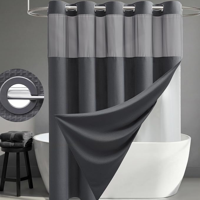 Charcoal Grey Hook Free Waffle Shower Curtain & Snap Liner,72x87 | Less Time to install, 3 in 1 Fabric Shower Curtain and Liner Set with Magnets, Extra Long, Shower Curtains for Bathroom