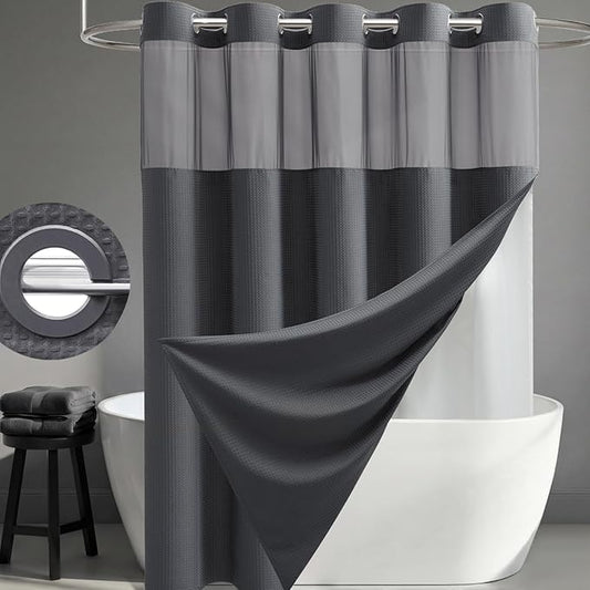 Charcoal Grey Hook Free Waffle Shower Curtain & Snap Liner,54x81 | Less Time to install, 3 in 1 Fabric Shower Curtain and Liner Set with Magnets, Stall, Long, Shower Curtains for Bathroom