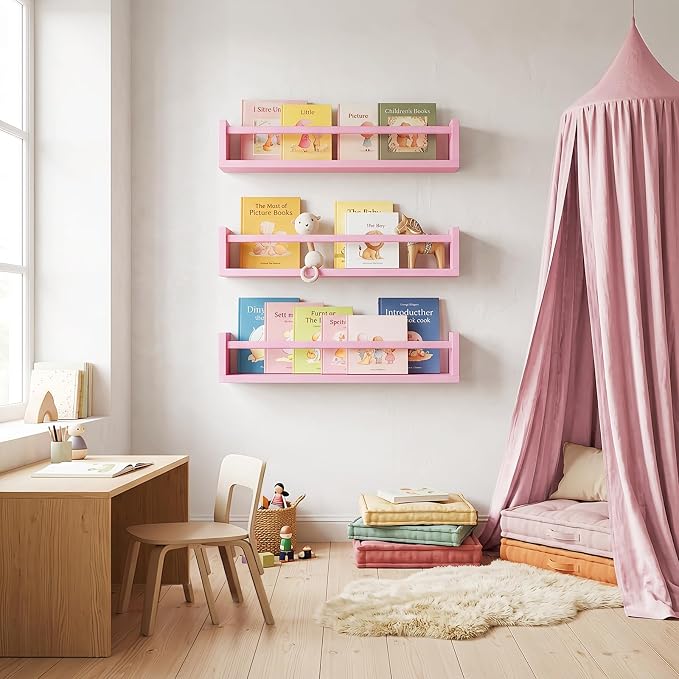 Fixwal Floating Nursery Book Shelves for Wall, 16.5in, Set of 3, Pink | Solid wood shelves store kids' books, toys and clothing. Fits kids' room, playroom, nursery, living room, bedroom & bathroom.