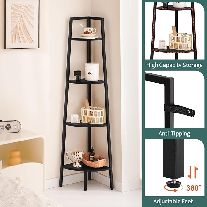 Yoobure 4-Tier Corner Shelf Stand- 54" Tall Corner Bookshelf with Metal Frame, Industrial Ladder Corner Shelves Display Shelf for Bedroom Living Room, Corner Bookcase Corner Plant Stand for Balcony