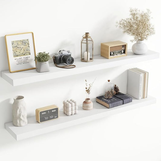 55 Inch Floating Shelves for Wall, 8 Inch Deep, Invisible Brackets, White | Rustic Wall Mounted Shelf, Storage & Display, Wooden Shelves for Living Room, Kitchen, Bathroom and Home Decor, Set of 2