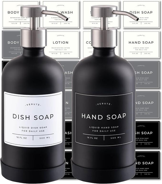 Hand and Dish Soap Dispenser for Kitchen and Bathroom, Set of 2 16 Oz Glass Bottles, Stainless Steel Pumps, Non-Slip Silicone Base, 27 Waterproof Labels (Matte Black Bottle/Brushed Silver Pump)