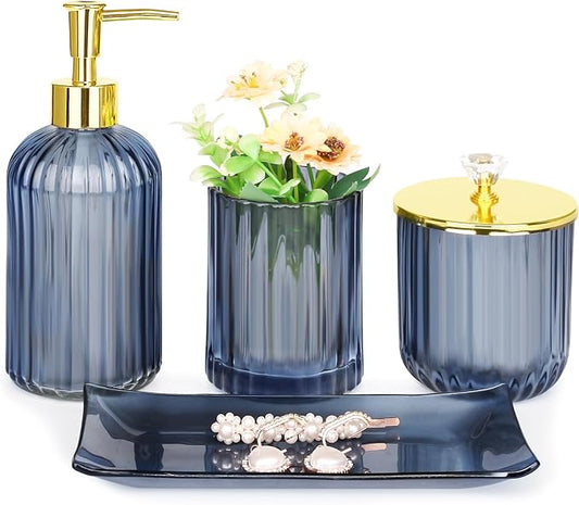 Haturi Glass Bathroom Accessories Set, Blue Bathroom Set, 4 Pcs | Kit w/ Bathroom Soap Dispenser Set, Toothbrush Holder, Qtip Holder, Vanity Tray, Blue Bathroom Decor, Gift for Home Apartment