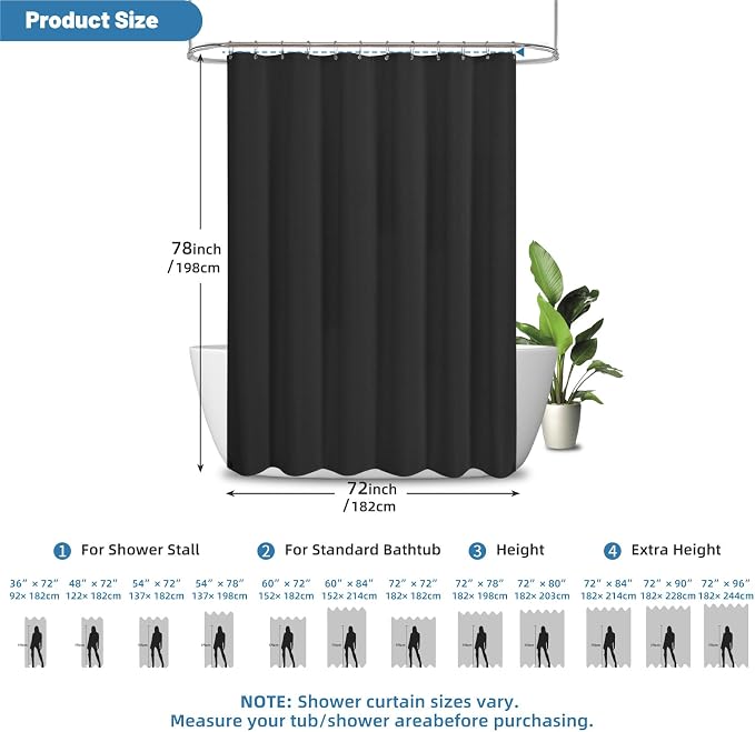 2-in-1 Waterproof Fabric Shower Curtain - No Separate Liner Needed, Hotel-Style Waffle Weave, Effortless Cleaning & Washable Bathroom Shower Curtain Set,72Wx78H,Black