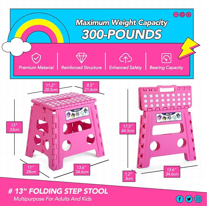 Delxo Folding Step Stool 13 Inch,300 Lbs Step Stool for Adults Pink | Foldable Step Stool 13",Non-Slip Foot Stools with Handle,Lightweight Collapsible stools for Kitchen,Bathroom,Bedroom,Garden