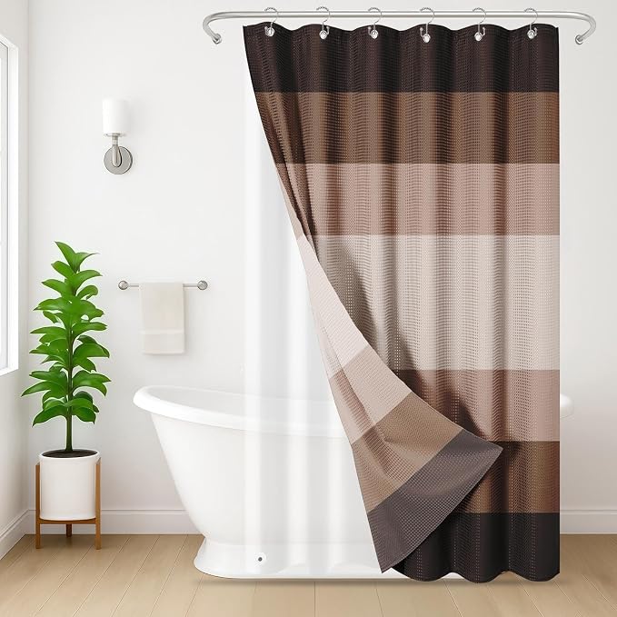3 in 1 Shower Curtain and Liner,36 x 72 inch, Modern Brown | Striped Shower Curtain and PEVA Liner Set with 12 Rust-Resistant Metal Hooks, Waterproof Fabric Curtains for Bathroom