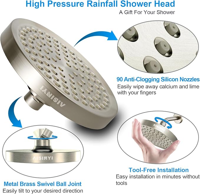 6" Rain Shower Head & 6" Shower Arm, Luxury Brushed Nickel Finish | High Pressure 6 Inch Fixed Showerhead, Adjustable Replacement, 90 Nozzles, Removable Restrictor, Tool-Free Easy to Install