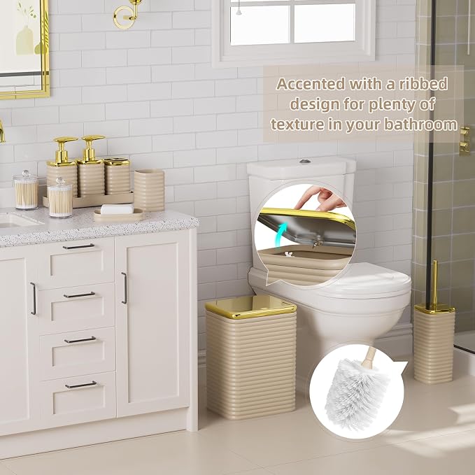 Bathroom Set - 10PC Bathroom Accessory Set, Beige Bathroom Set, Luxury Bathroom Accessories Set, Trash Can, Toilet Brush, Soap Dish, Qtip Holder & Soap Dispenser