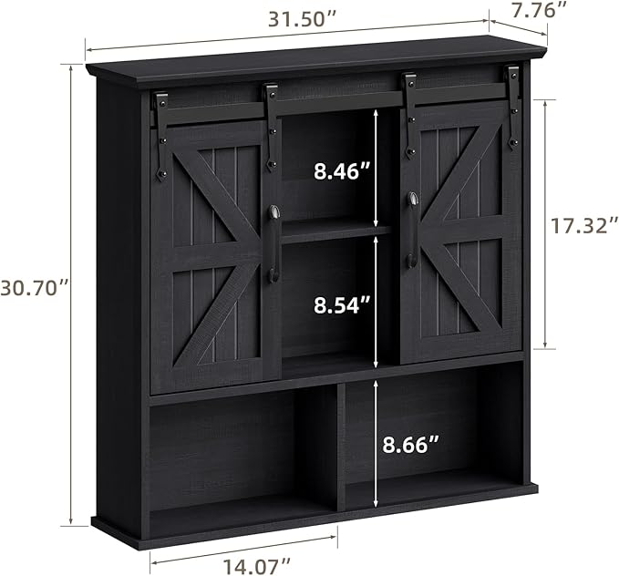 Vabches Bathroom Wall Cabinet, Farmhouse Medicine Cabinet, Black | Wooden Vintage Storage Cabinet Wall Mounted with Double Sliding Barn Door and Adjustable Shelf for Bathroom, Kitchen