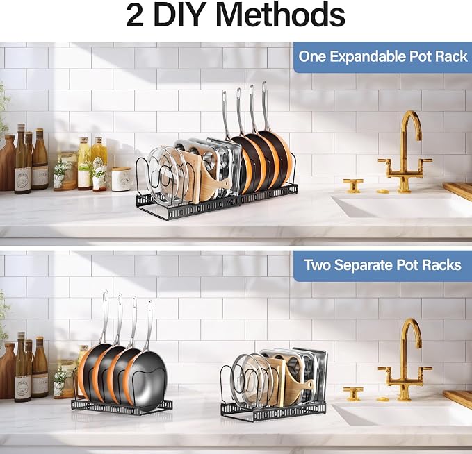 Expandable Pots and Pans Organizer under Cabinet with 12 Dividers | Extends 12"-23", Holds pot lids, pans & cookware, Sturdy steel rack with pot lid organizer, Space-saving for kitchen cabinets