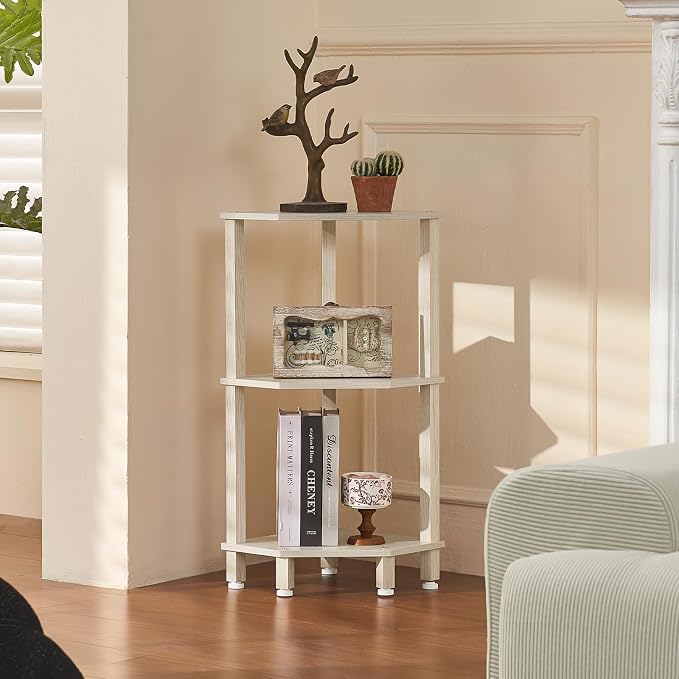YUFAM 3-Tier Corner Shelf, Grey White | Wooden Small Corner Table with Sturdy 5-Leg Base, Wooden Corner Bookshelf for Adjustable Base